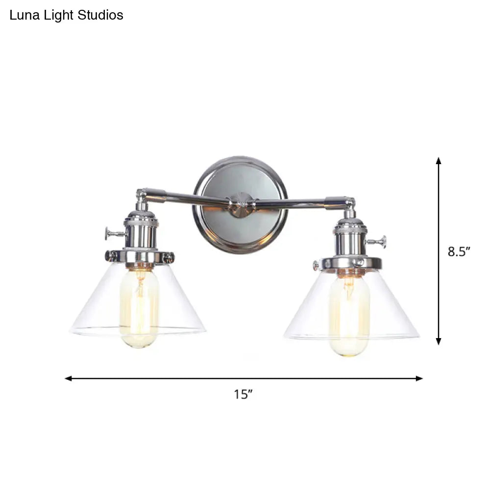 Industrial Style Chrome Wall Sconce With Clear Glass Globe/Cone Wavy Arm - 2 Light Kit For Corridor