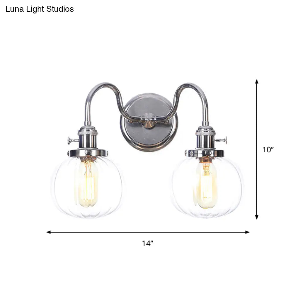 Industrial Style Chrome Wall Sconce With Clear Glass Globe/Cone Wavy Arm - 2 Light Kit For Corridor