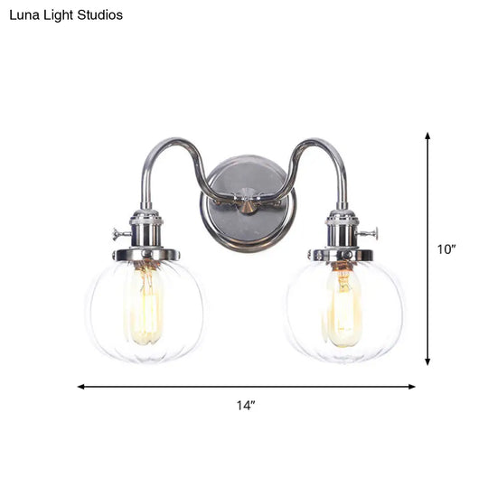 Industrial Style Chrome Wall Sconce With Clear Glass Globe/Cone Wavy Arm - 2 Light Kit For Corridor