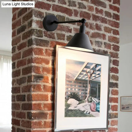 Industrial-Style Cone Metal Wall Hanging Light - 1-Light Bedroom Sconce Lamp In White/Black