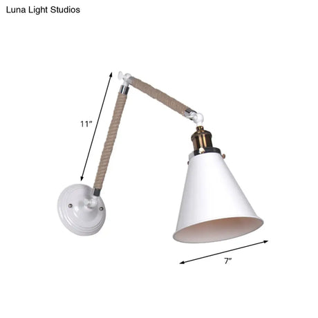 Industrial Style Conical Wall Light Fixture With Adjustable Arm - Metal And Rope Construction 1 Head