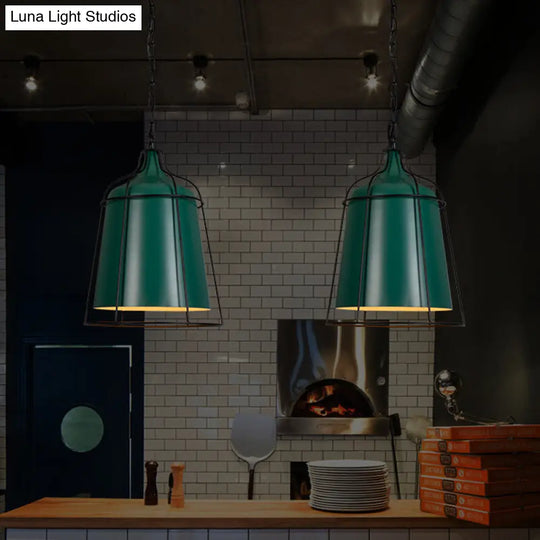 Industrial Dark Green Pendant Light With Wire Cage - Single Bulb Aluminum Suspension Fixture