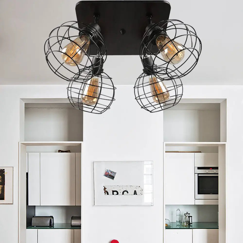 Industrial Style Global Black Metal Semi Flush Mount Ceiling Light With 4/6 Lights - Perfect For