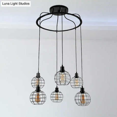 Industrial Style Global Hanging Lamp - 6-Bulb Metallic Suspended Light In Black With Wire Cage Shade