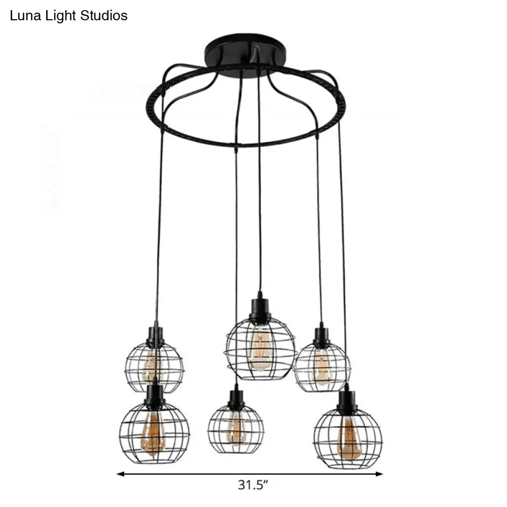 Industrial Style Global Hanging Lamp - 6-Bulb Metallic Suspended Light In Black With Wire Cage Shade
