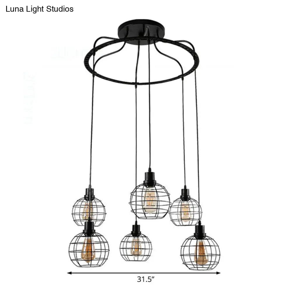 Industrial Style 6-Bulb Metallic Hanging Lamp With Wire Cage Shade Black