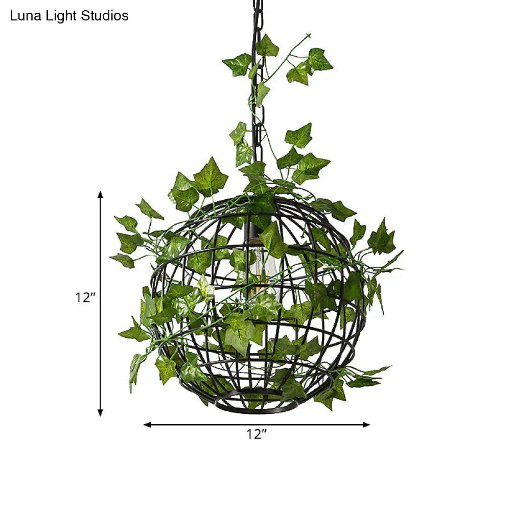 Industrial Globe Cage Ceiling Pendant Light With Iron Pendulum And Artificial Plant Deco In Black