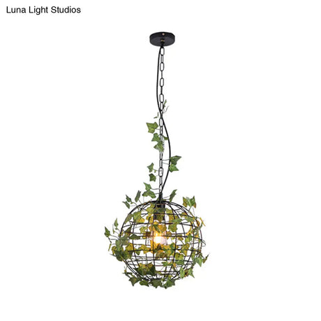 Industrial Style Globe Cage Ceiling Pendant Light With Artificial Plant Deco (1-Head Black)