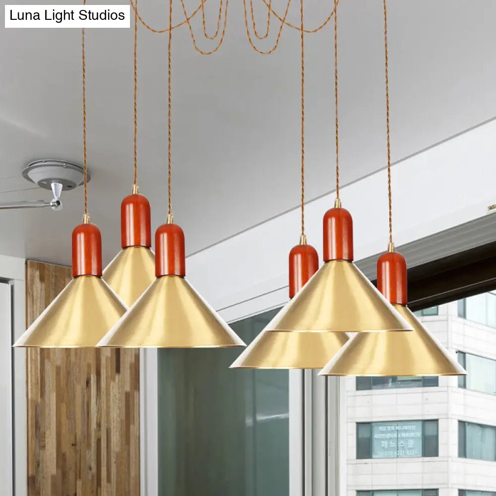 Cone Multi-Pendant Chandelier With Industrial-Style Gold Finish Swag Hanging Light Kit (2/4/3 Heads)