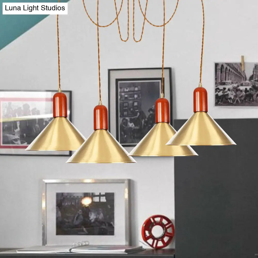 Industrial-Style Gold Finish Cone Pendant Chandelier With Multi-Head Design - Swag Hanging Light