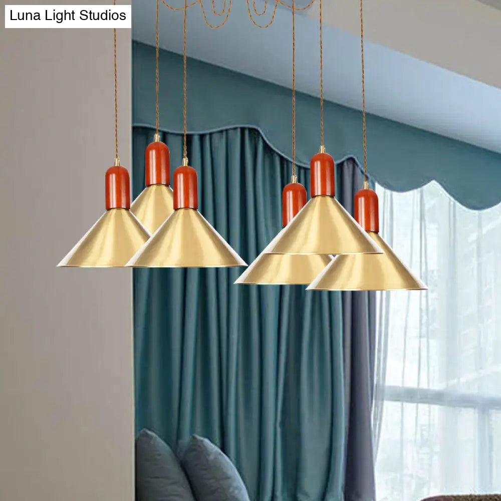 Cone Multi-Pendant Chandelier With Industrial-Style Gold Finish Swag Hanging Light Kit (2/4/3 Heads)