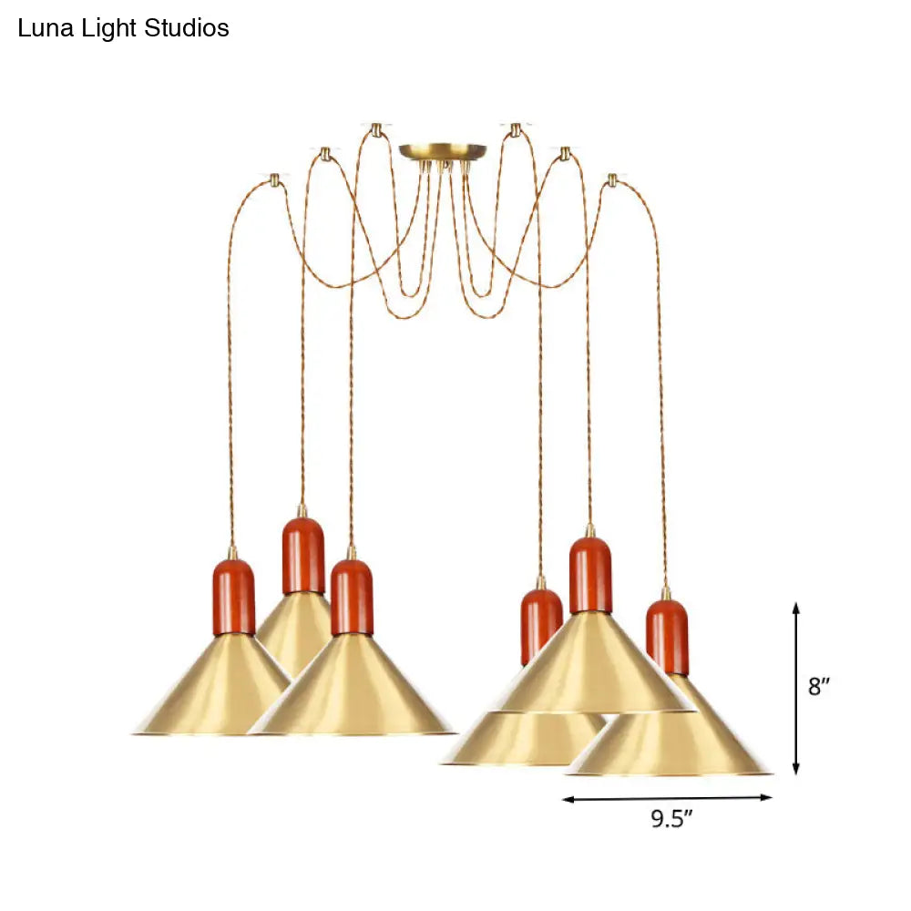 Cone Multi-Pendant Chandelier With Industrial-Style Gold Finish Swag Hanging Light Kit (2/4/3 Heads)