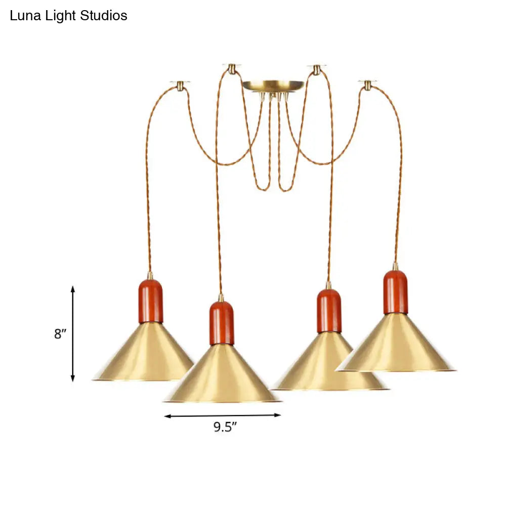 Cone Multi-Pendant Chandelier With Industrial-Style Gold Finish Swag Hanging Light Kit (2/4/3 Heads)