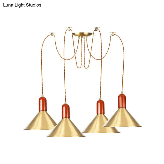 Industrial-Style Gold Finish Cone Pendant Chandelier With Multi-Head Design - Swag Hanging Light