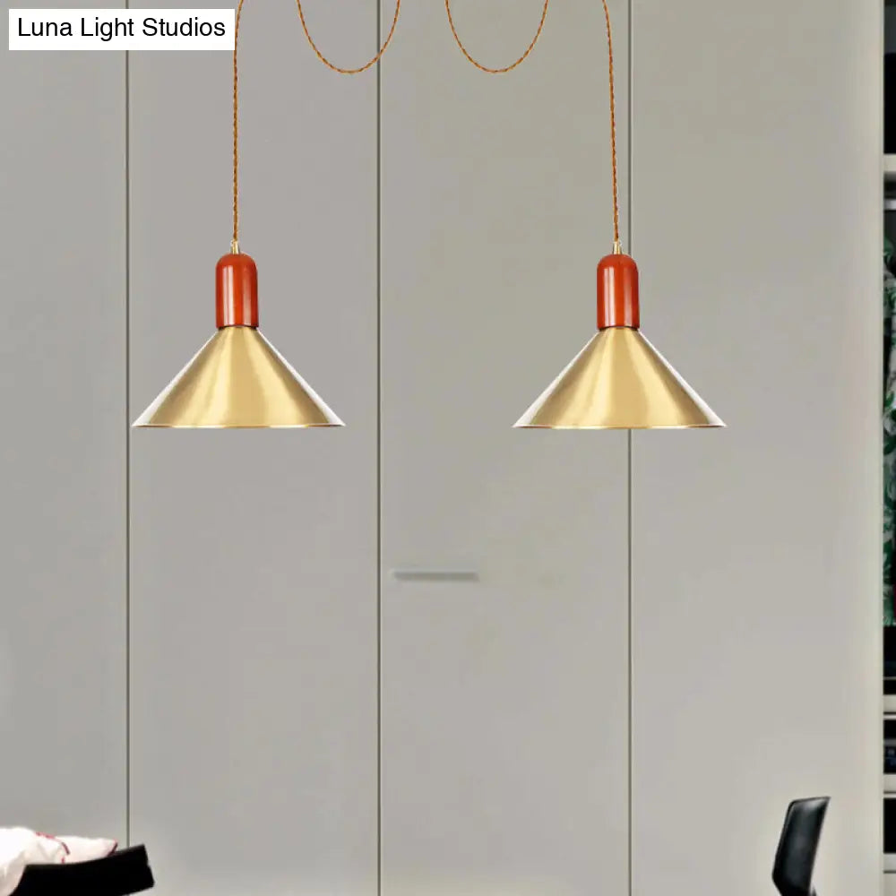 Cone Multi-Pendant Chandelier With Industrial-Style Gold Finish Swag Hanging Light Kit (2/4/3 Heads)