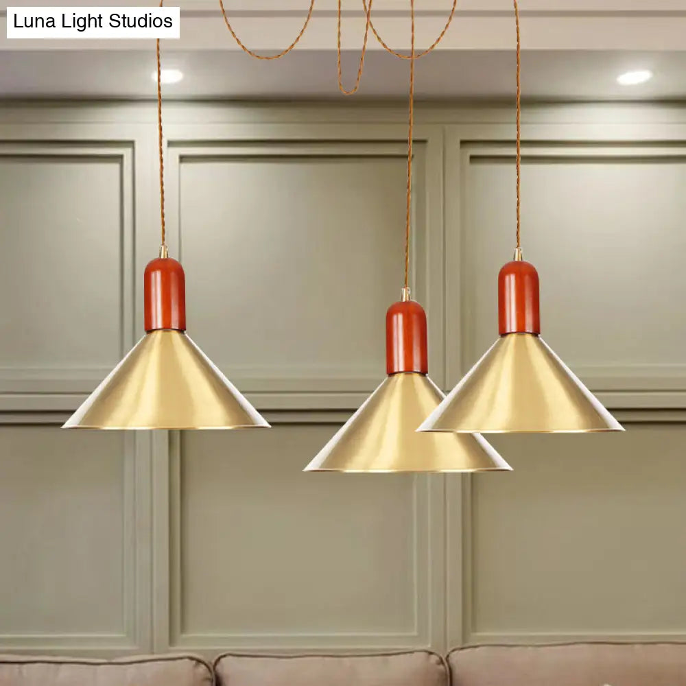 Cone Multi-Pendant Chandelier With Industrial-Style Gold Finish Swag Hanging Light Kit (2/4/3 Heads)