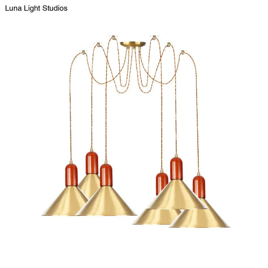 Industrial-Style Gold Finish Cone Pendant Chandelier With Multi-Head Design - Swag Hanging Light