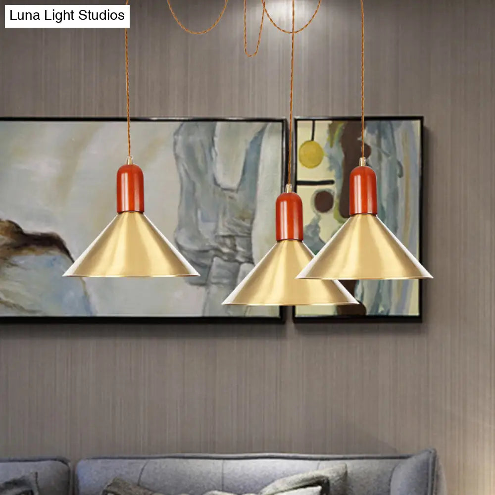 Cone Multi-Pendant Chandelier With Industrial-Style Gold Finish Swag Hanging Light Kit (2/4/3 Heads)