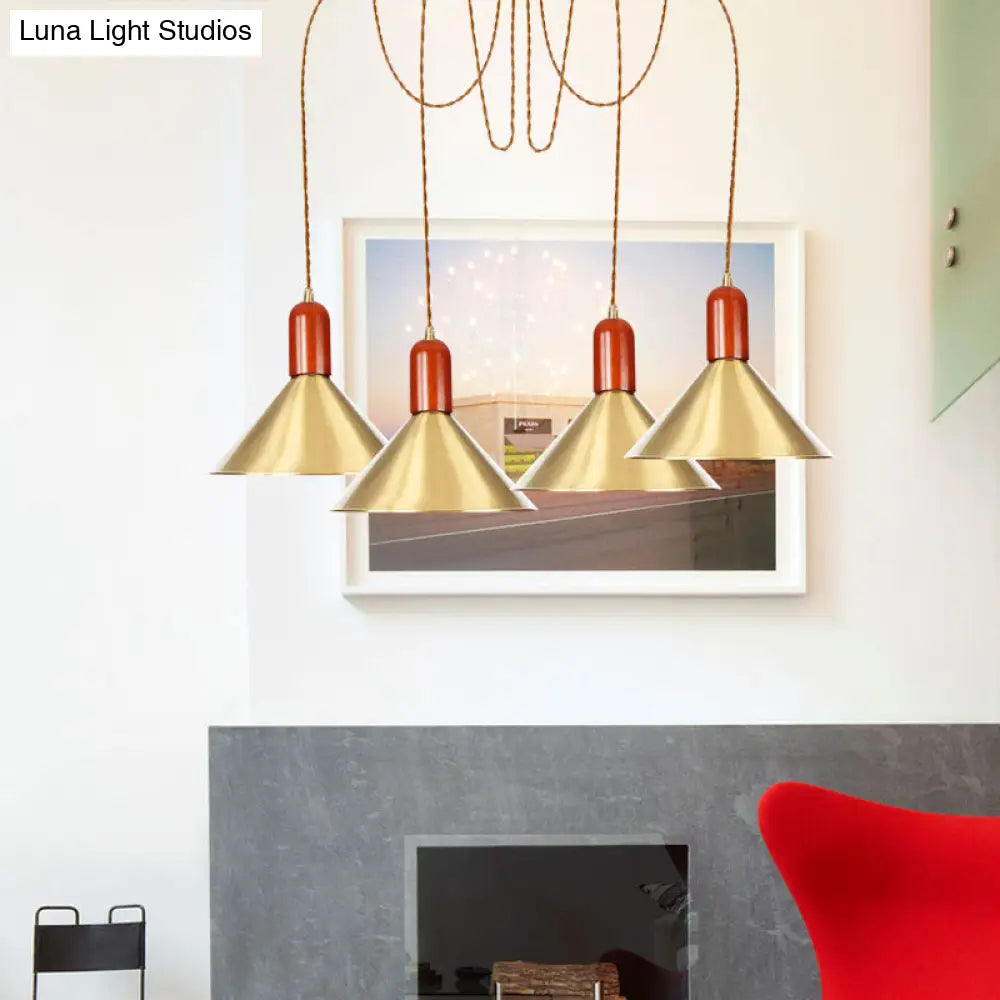 Industrial-Style Gold Finish Cone Pendant Chandelier With Multi-Head Design - Swag Hanging Light