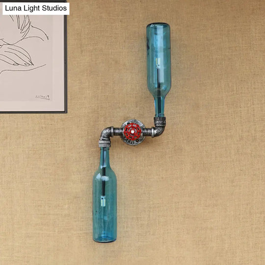 Industrial-Style Gray/Blue Glass Wall Sconce Light With 2 Wine Bottle Lights Ideal For Living Room