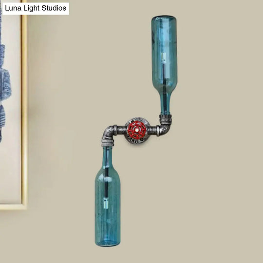 Industrial-Style Gray/Blue Glass Wall Sconce Light With 2 Wine Bottle Lights Ideal For Living Room