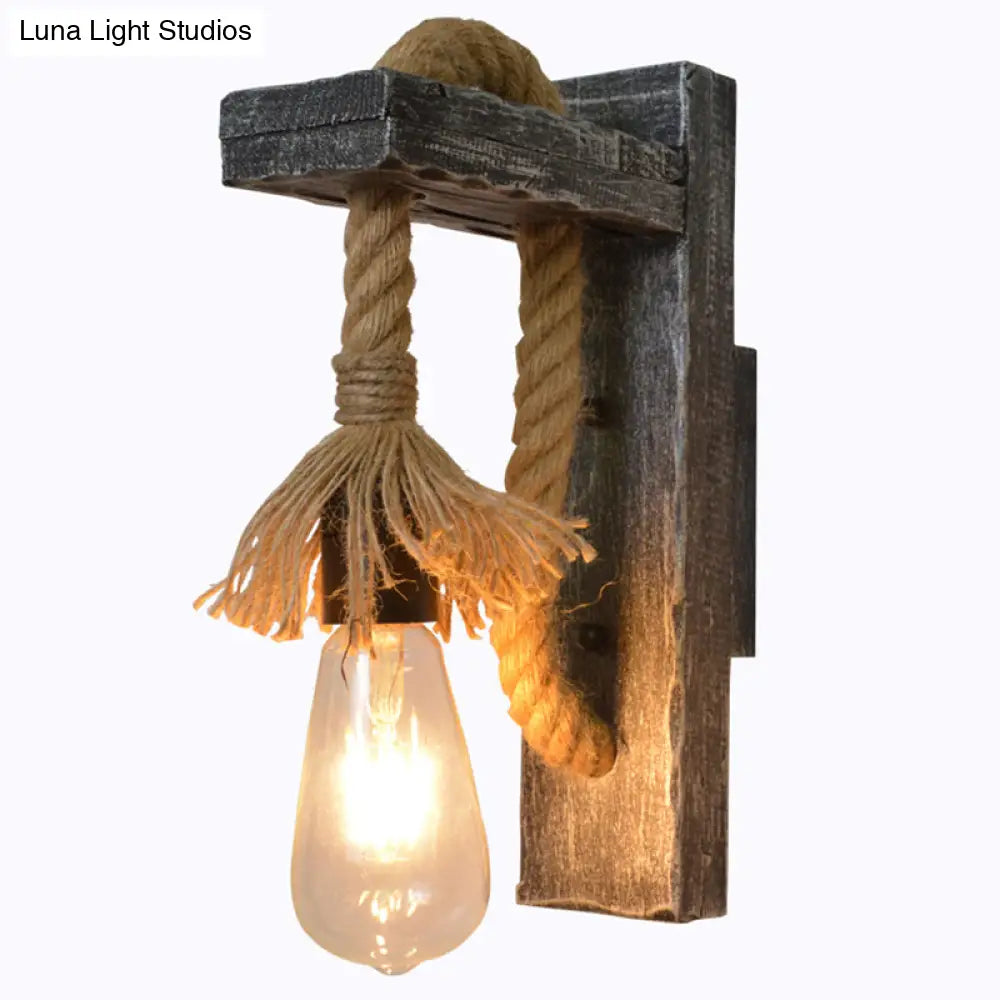Industrial Style Grey Rope Wall Light With Wood L-Arm - Bare Bulb Lighting Idea