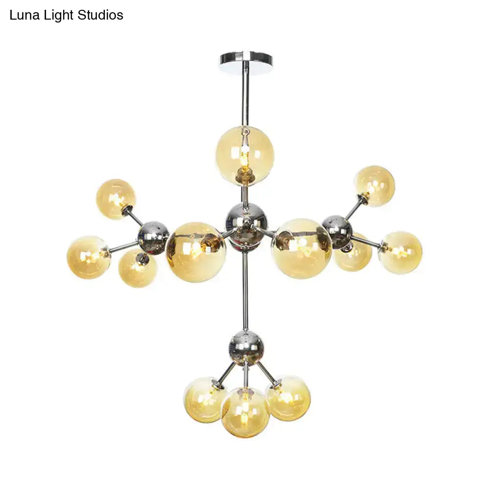Industrial Style Hanging Chandelier Light With Amber/Clear/Smoke Gray Glass In 3/9/12 Lights -