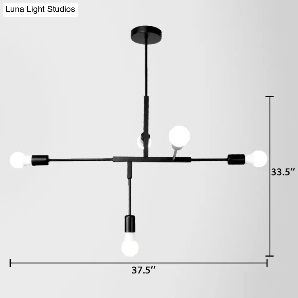 Industrial Style Iron 5-Light Hanging Chandelier With Exposed Bulbs - Black Finish For Living Room