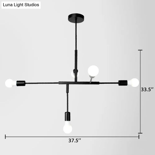 Industrial Style Iron 5-Light Hanging Chandelier With Exposed Bulbs - Black Finish For Living Room