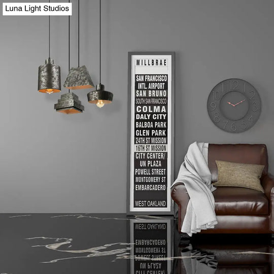 Iron Pendant Lighting With 4 Aged Black Shades - Industrial Style Indoor Hanging Light Antique