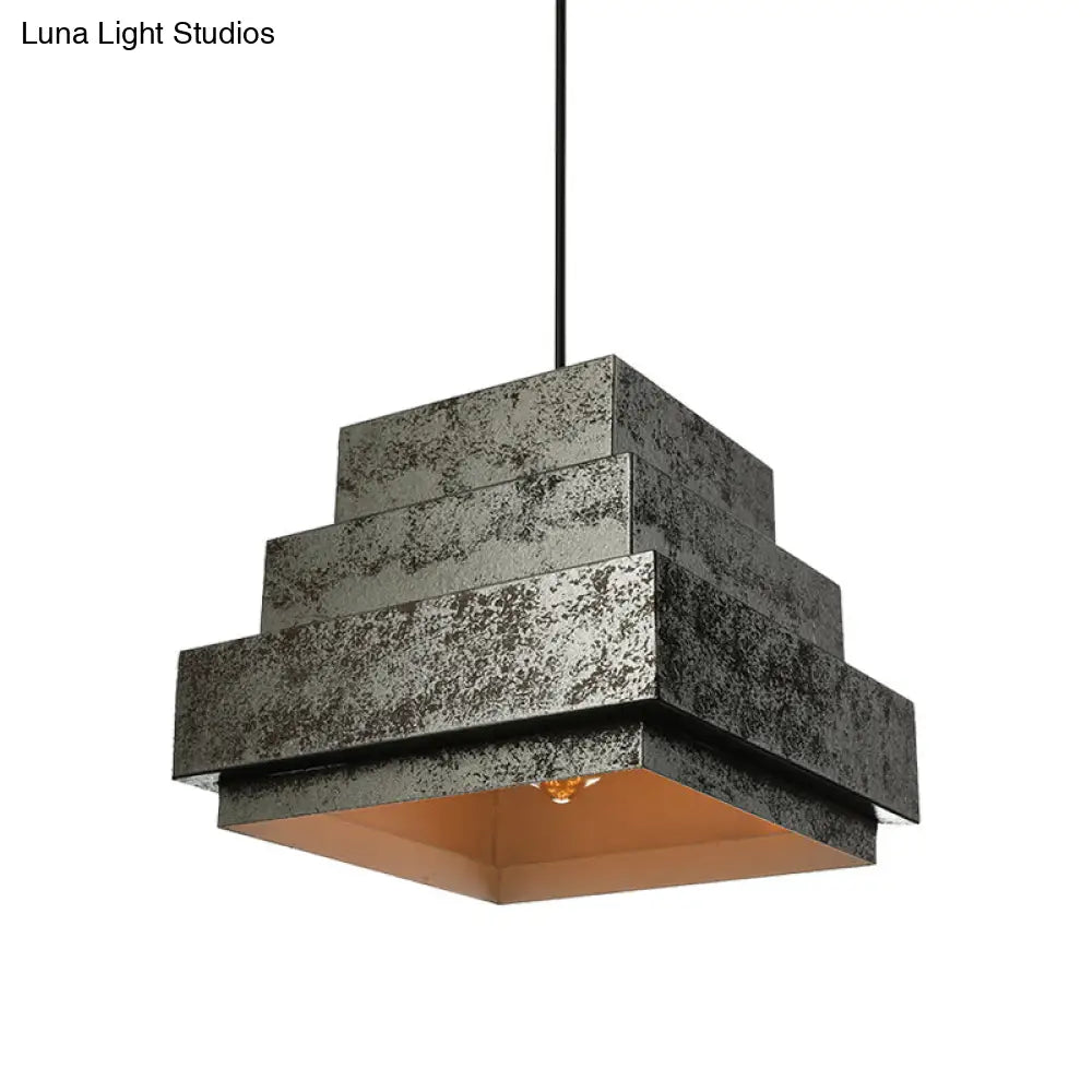 Iron Pendant Lighting With 4 Aged Black Shades - Industrial Style Indoor Hanging Light