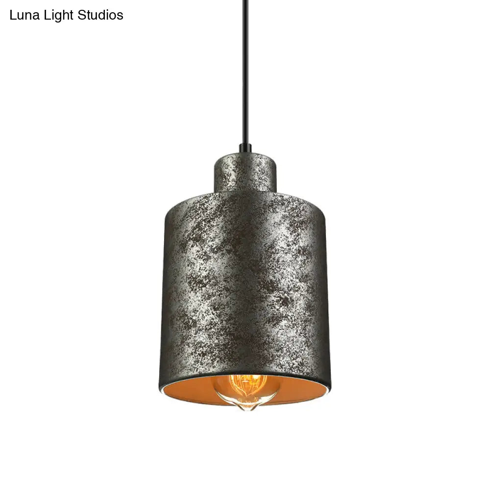 Iron Pendant Lighting With 4 Aged Black Shades - Industrial Style Indoor Hanging Light
