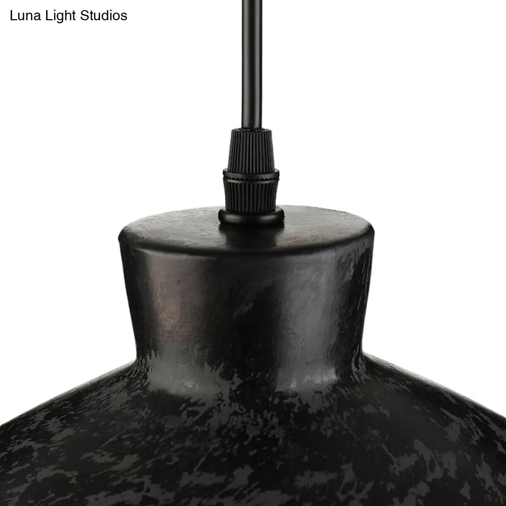 Iron Pendant Lighting With 4 Aged Black Shades - Industrial Style Indoor Hanging Light