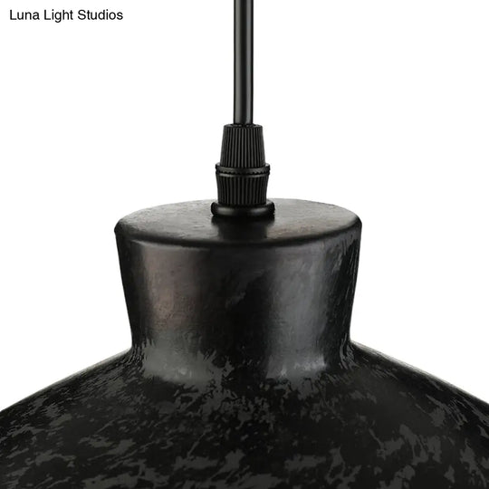 Iron Pendant Lighting With 4 Aged Black Shades - Industrial Style Indoor Hanging Light