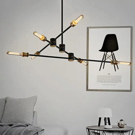 Industrial Style Linear Chandelier Light - 6-Light Metallic Ceiling Fixture in Black for Living Room Black