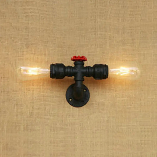 Industrial Style Matte Black Water Pipe Wall Light With 2 Bulbs - Bedroom Lighting
