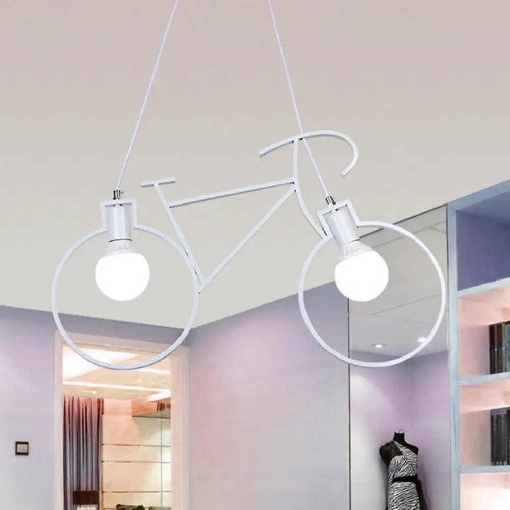 Industrial Style Metal Bicycle Pendant Light Fixture - 2 Bulbs Black/White Indoor Hanging Lamp With