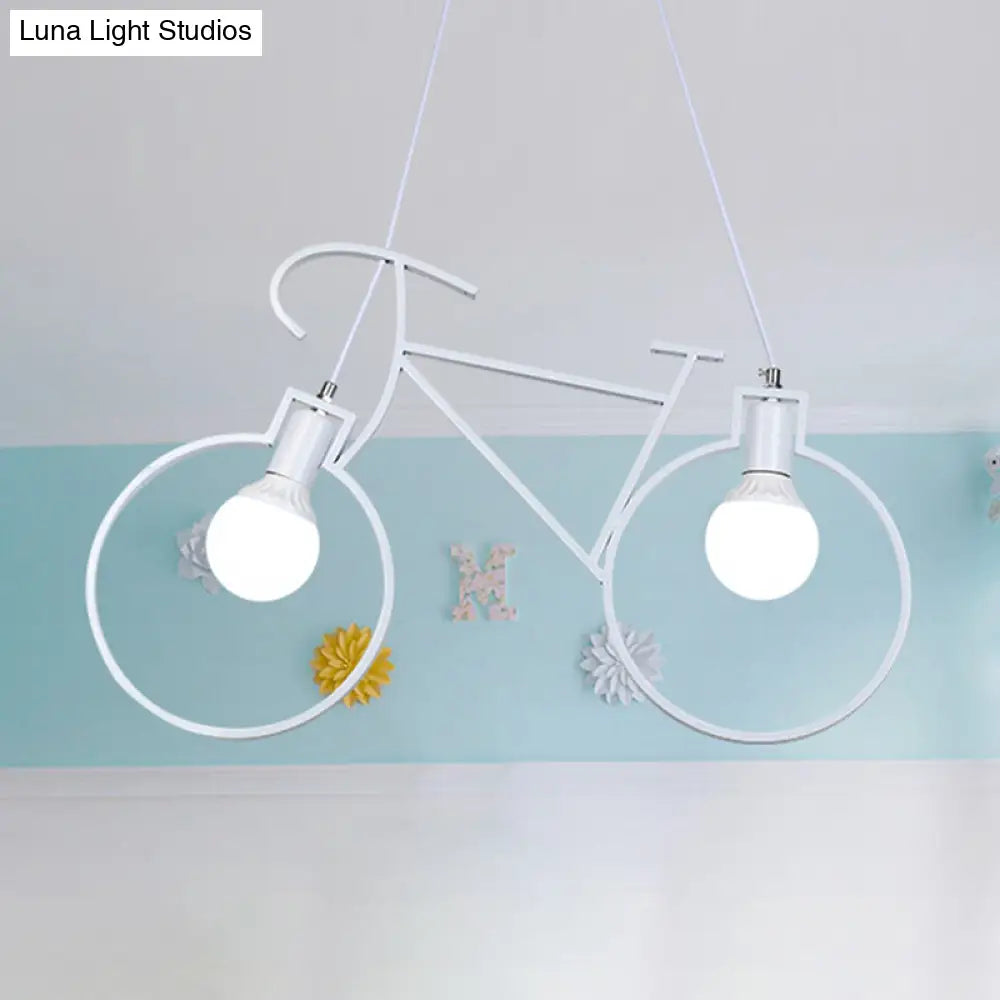 Industrial Style Metal Bicycle Pendant Light Fixture - 2 Bulbs Black/White Indoor Hanging Lamp With