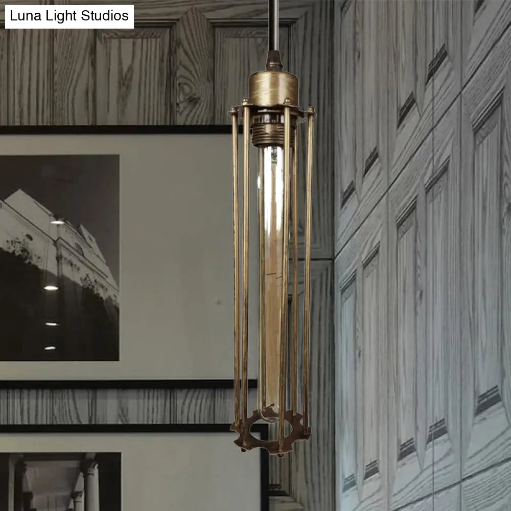 Industrial Style Metal Cage Pendant Light With Adjustable Cord - Antique Brass/Aged Silver Finish