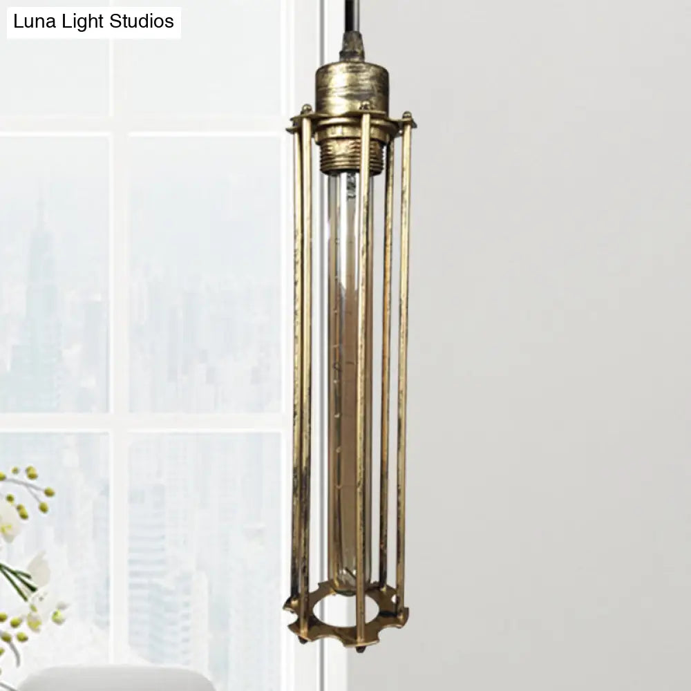 Industrial Style Metal Cage Pendant Light With Adjustable Cord - Antique Brass/Aged Silver Finish