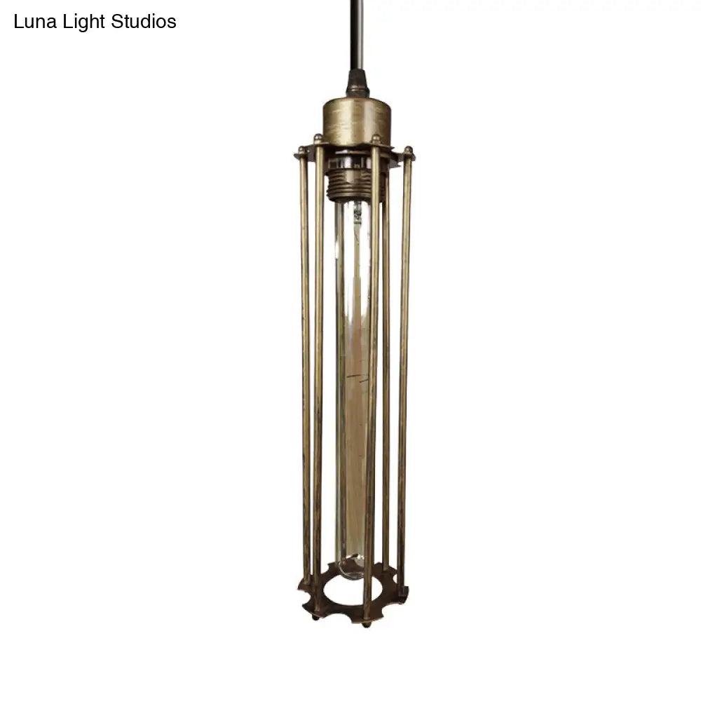 Industrial Style Metal Cage Pendant Light With Adjustable Cord - Antique Brass/Aged Silver Finish