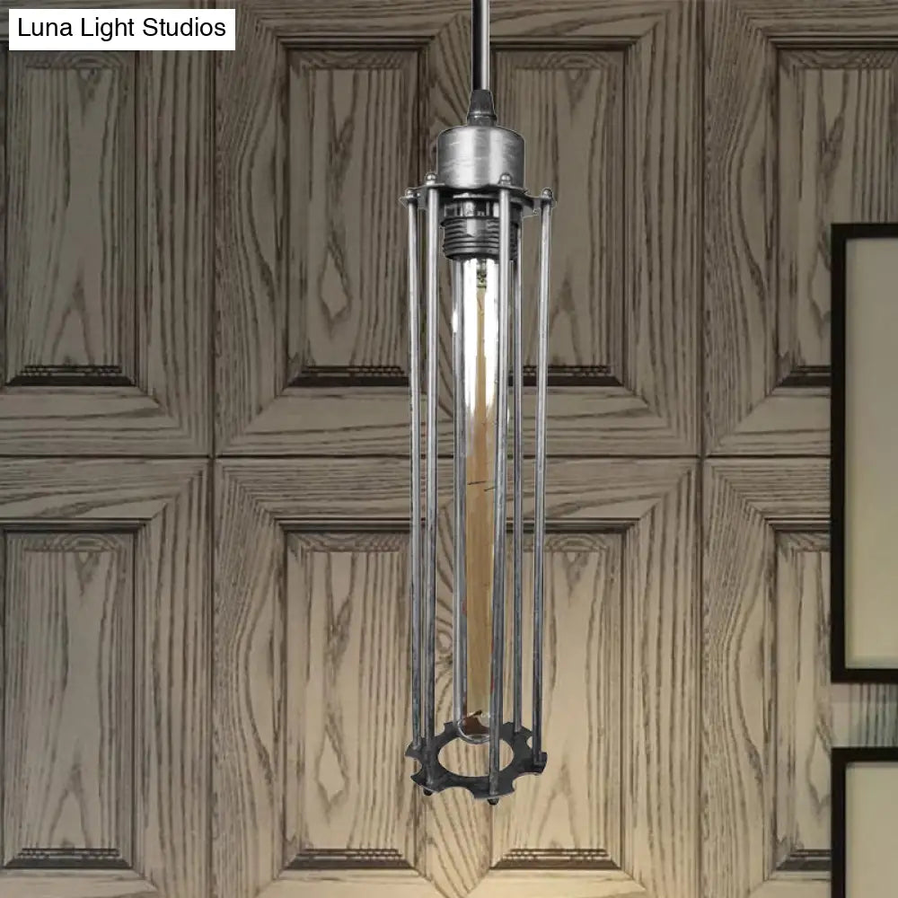 Industrial Style Metal Cage Pendant Light With Adjustable Cord - Antique Brass/Aged Silver Finish