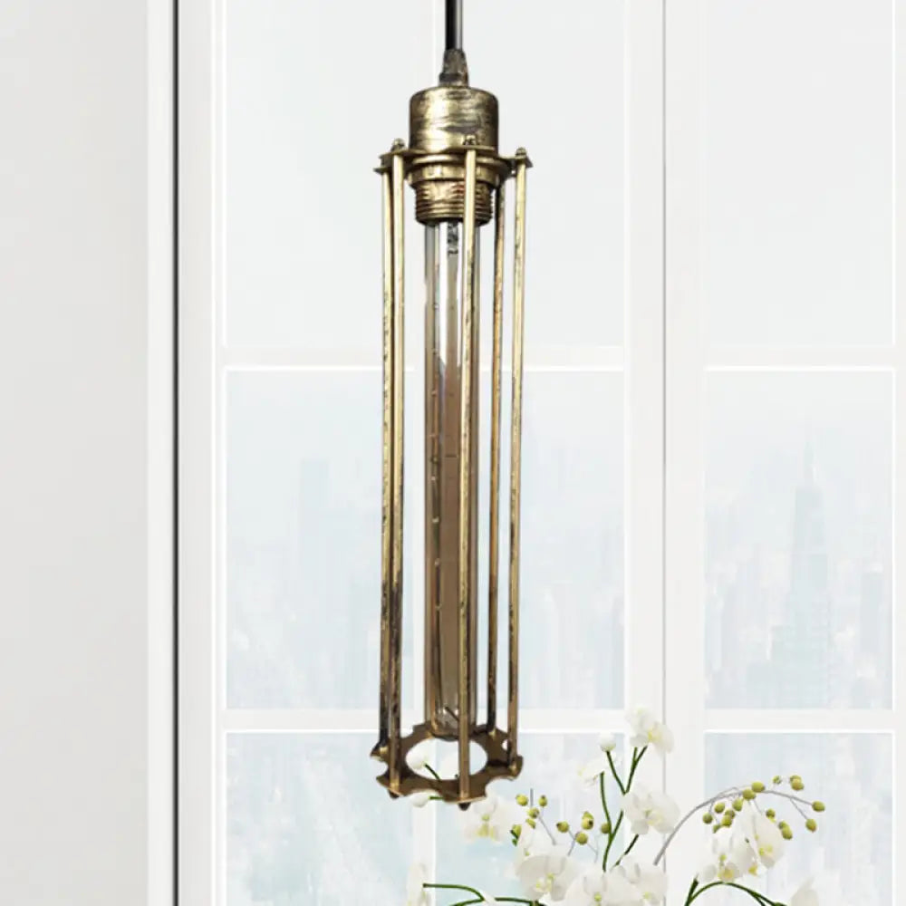 Industrial Style Metal Cage Pendant Light With Adjustable Cord - Antique Brass/Aged Silver Finish