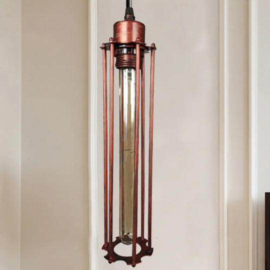 Industrial Style Metal Cage Pendant Light With Adjustable Cord - Antique Brass/Aged Silver Finish