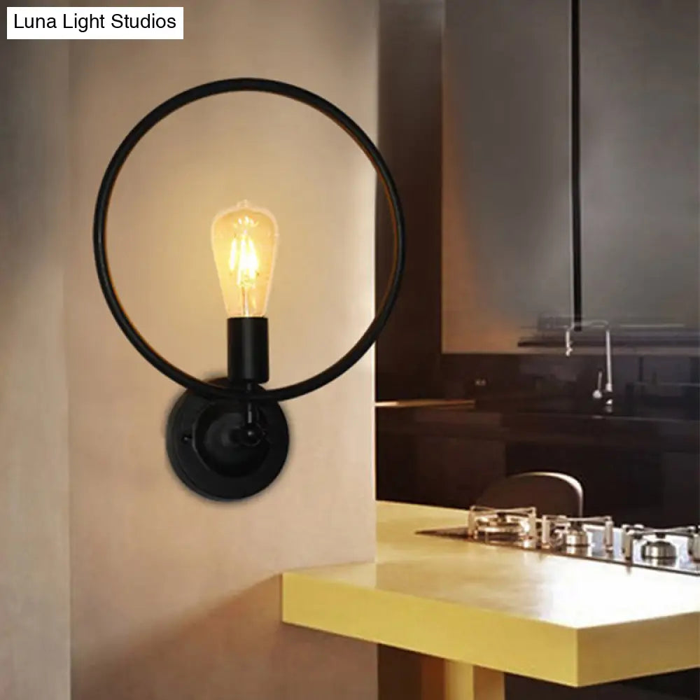 Industrial Style Metal Circular Bathroom Wall Sconce Light - 1 Bulb Black Finish