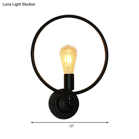 Industrial Style Metal Circular Bathroom Wall Sconce Light - 1 Bulb Black Finish