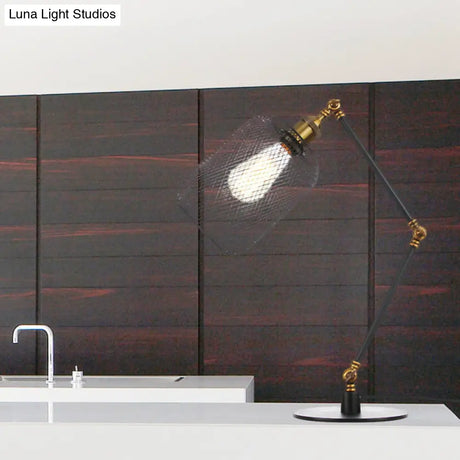 Industrial Style Metal Cylindrical Table Light With Adjustable Black/Brass Finish And Mesh Screen