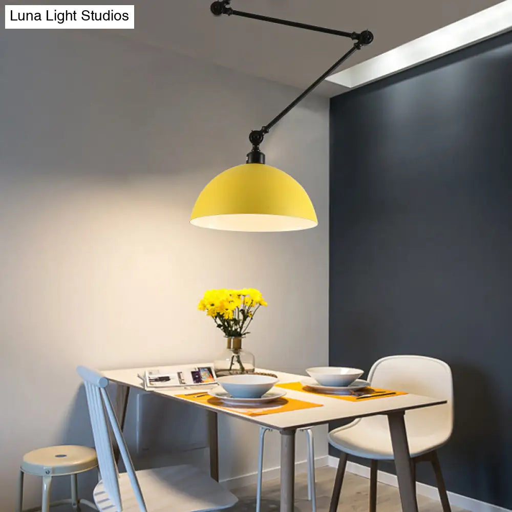 Industrial Style Metal Kitchen Pendant Lamp - Domed Green/Yellow 1-Light Suspension With Extendable