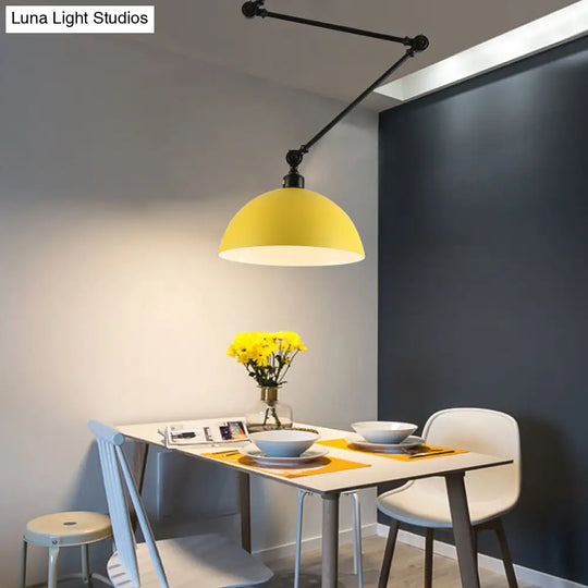 Industrial Style Metal Kitchen Pendant Lamp - Domed Green/Yellow 1-Light Suspension With Extendable