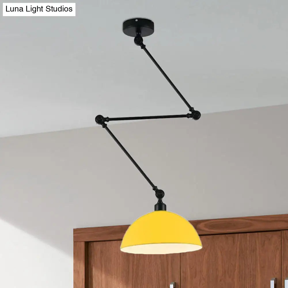 Industrial Style Metal Kitchen Pendant Lamp - Domed Green/Yellow 1-Light Suspension With Extendable